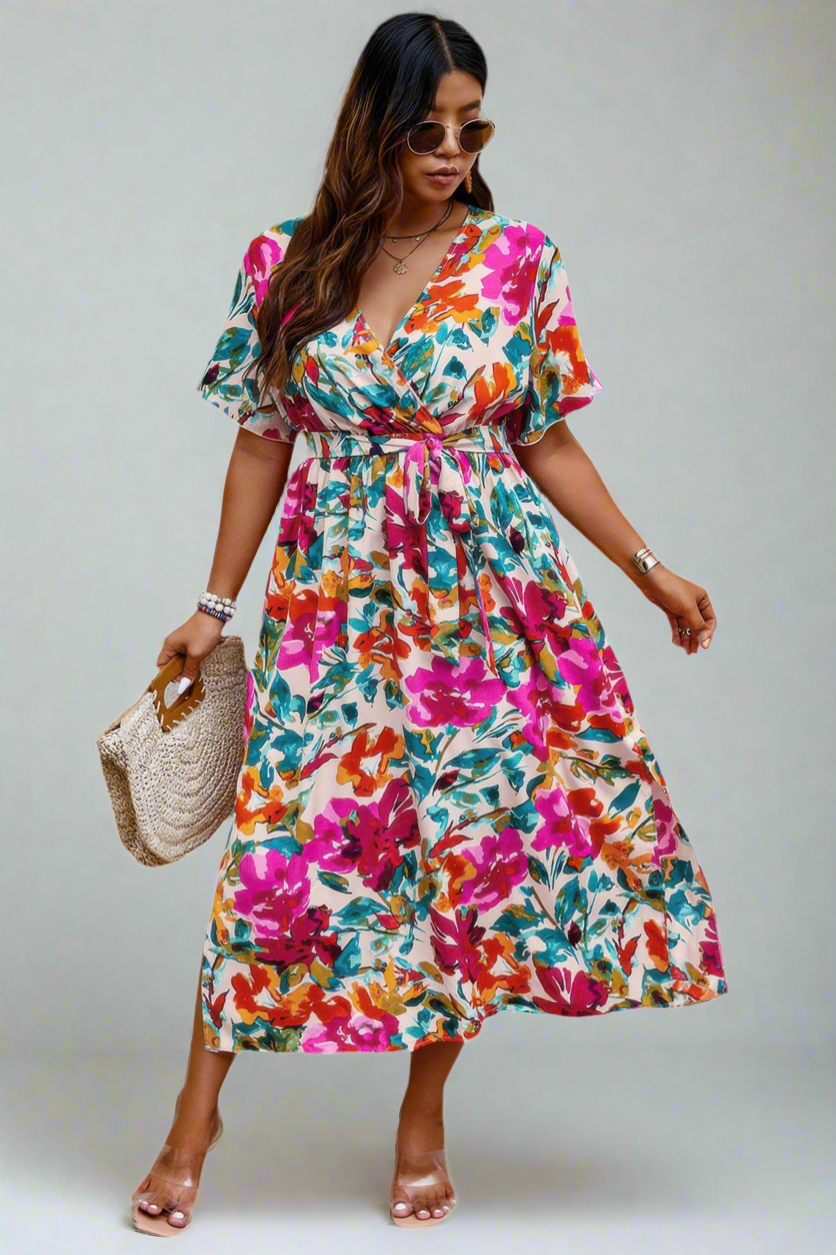 Plus Size Floral Print Cross Belt Fit Dress