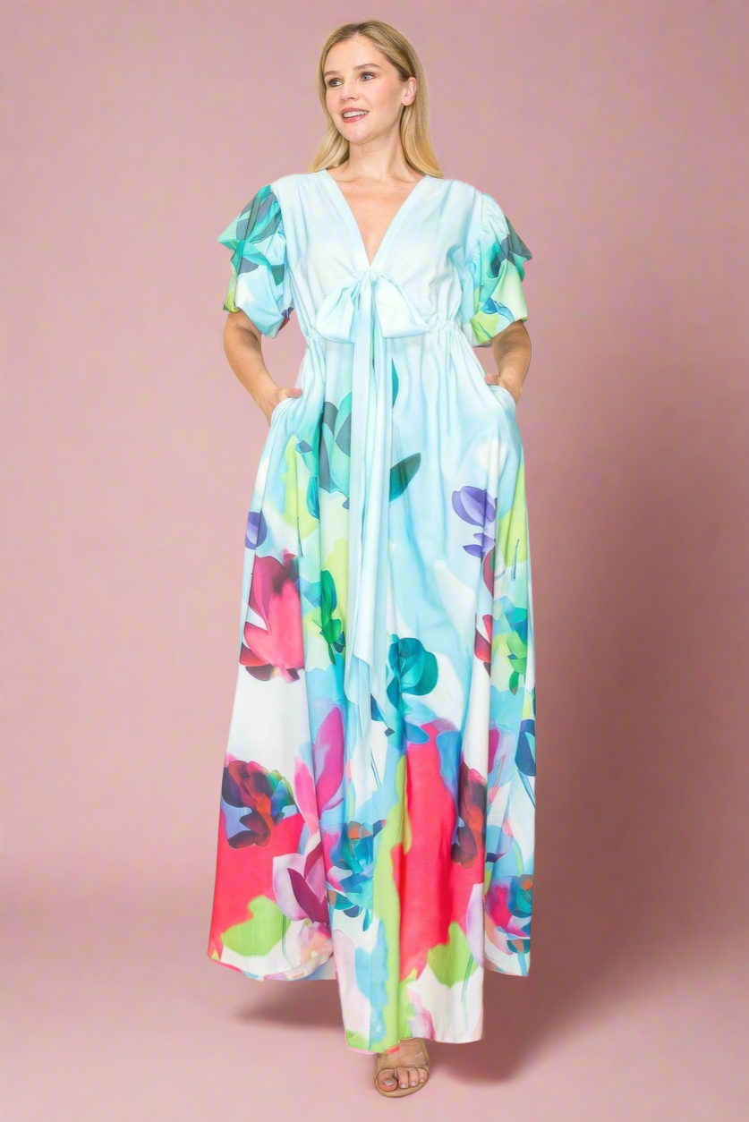 Printed V Neck Maxi Dress