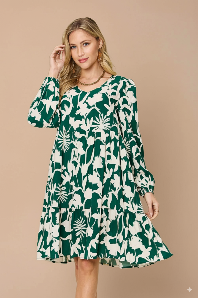 Double Take Full Size Printed Ruffle Hem Dress with Pocket