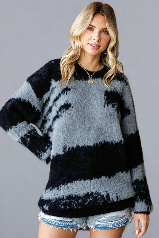 First Love Full Size Abstract Pattern Contrast Feather Yarn Sweater