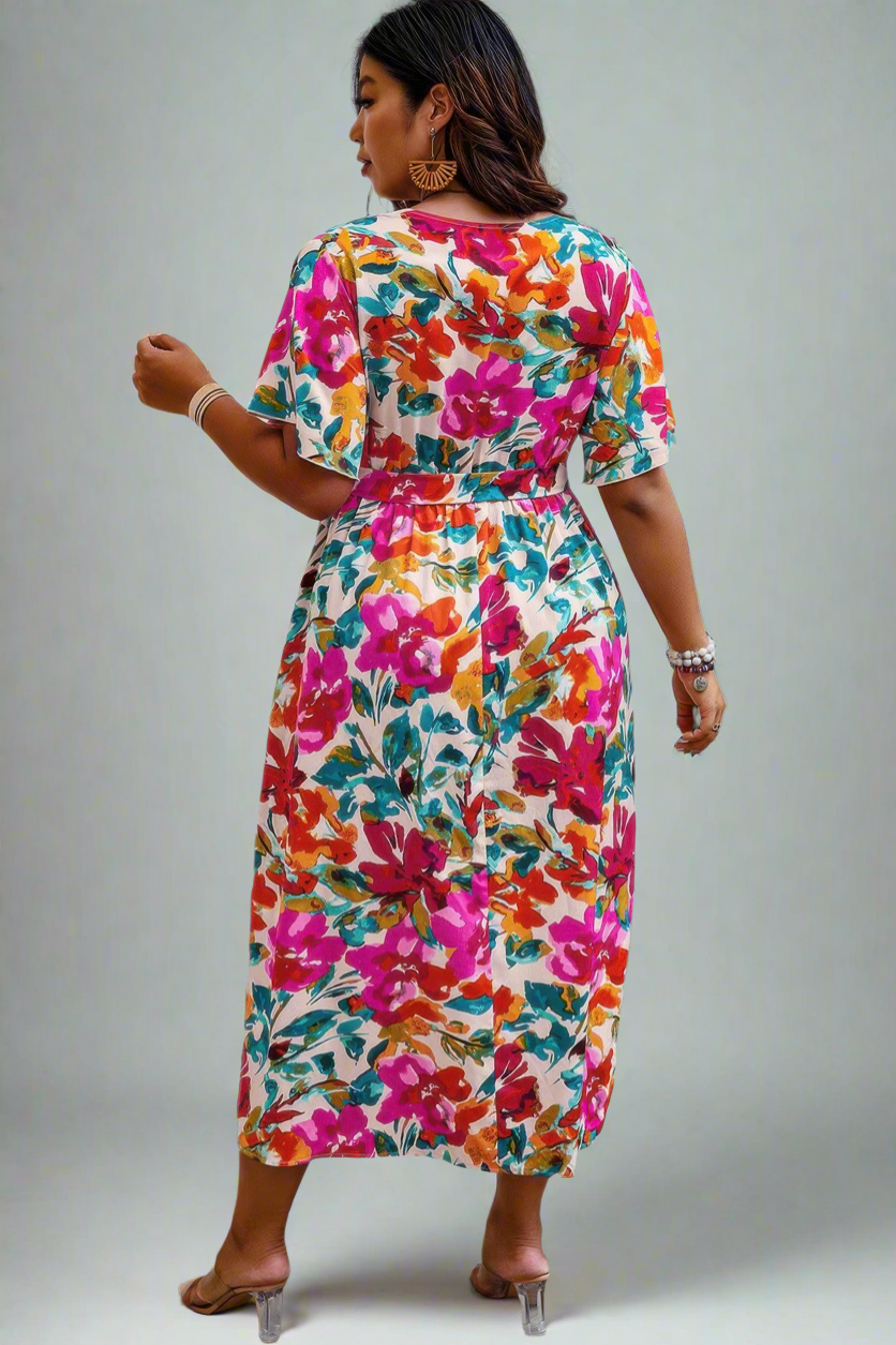 Plus Size Floral Print Cross Belt Fit Dress