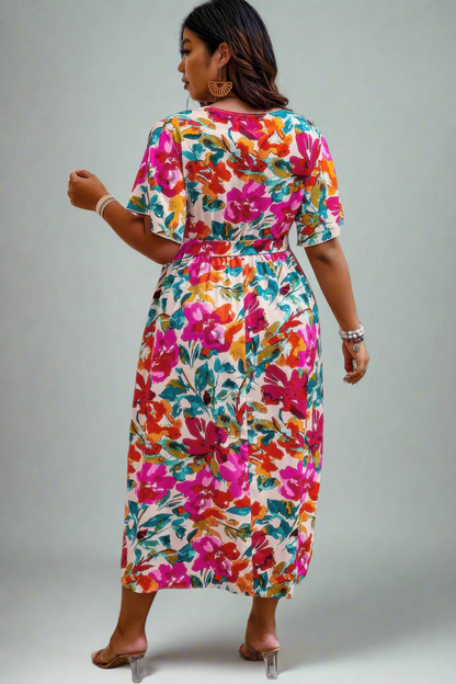 Plus Size Floral Print Cross Belt Fit Dress