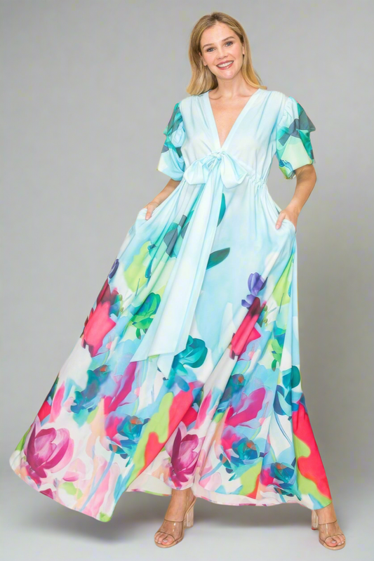 Printed V Neck Maxi Dress