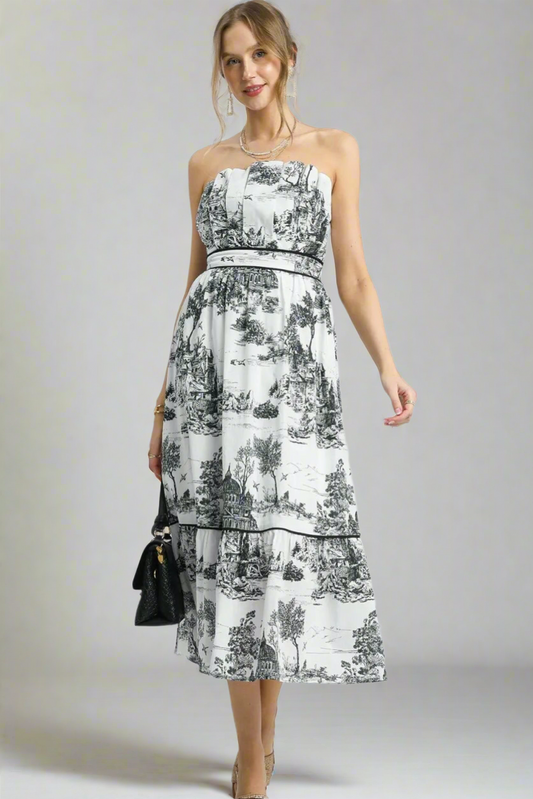 Umgee Printed Tiered Tube Midi Dress