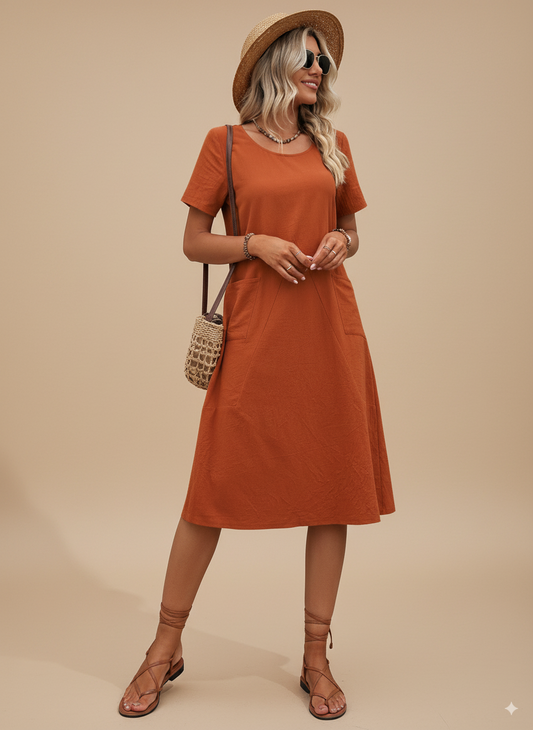 Ivy Lane Round Neck Short Sleeve Dress with Pockets