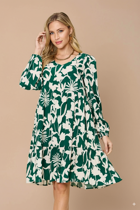 Double Take Full Size Printed Ruffle Hem Dress with Pocket