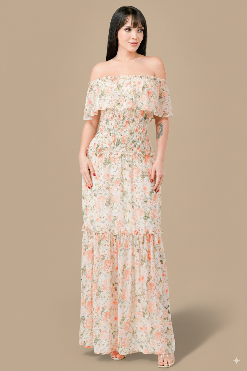Floral Chiffon Off Shoulder Smocked Back Ruffled Tiered Maxi Dress