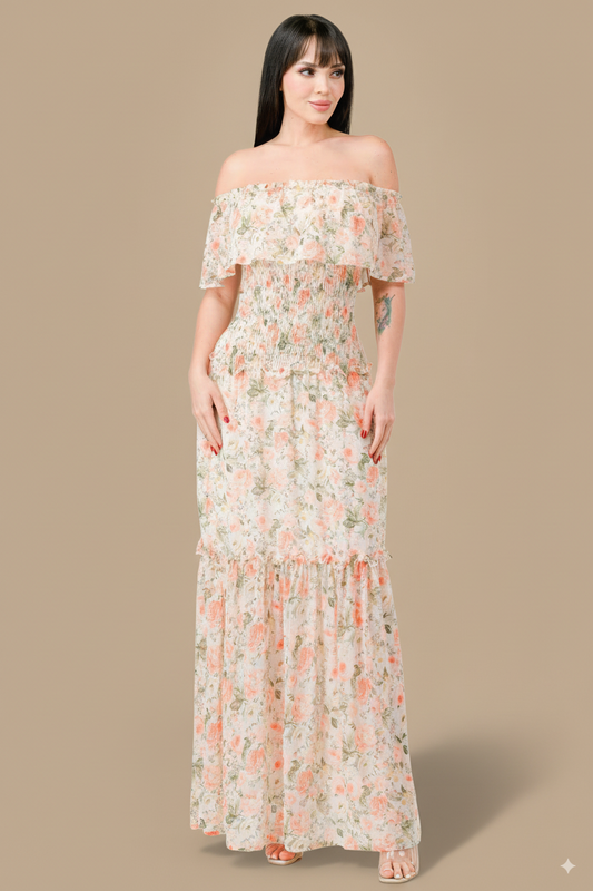 Floral Chiffon Off Shoulder Smocked Back Ruffled Tiered Maxi Dress